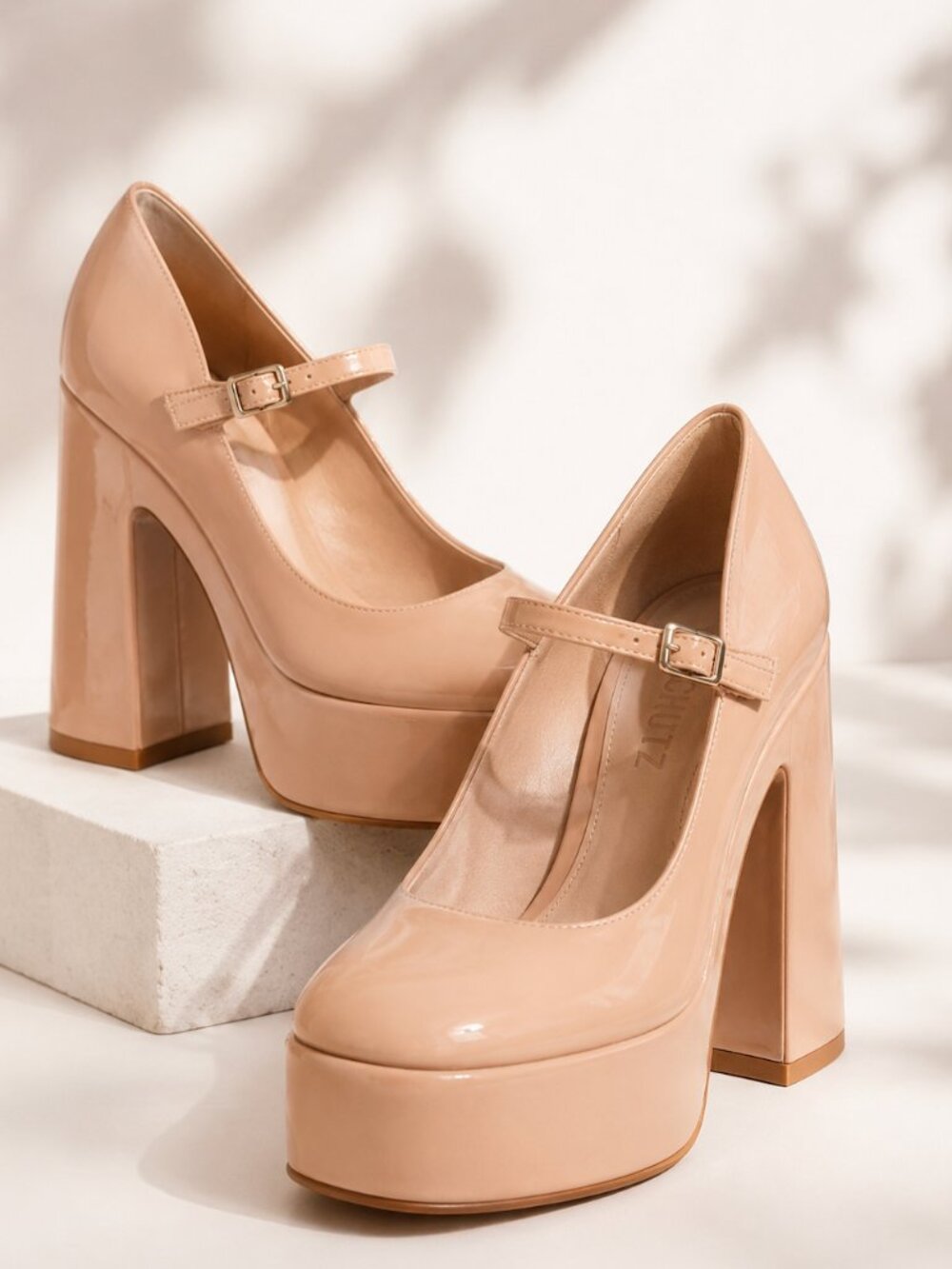 Schutz Zayne Patent Platform Mary Jane Pumps New Peach Nude Chunky Heel 70s Glam